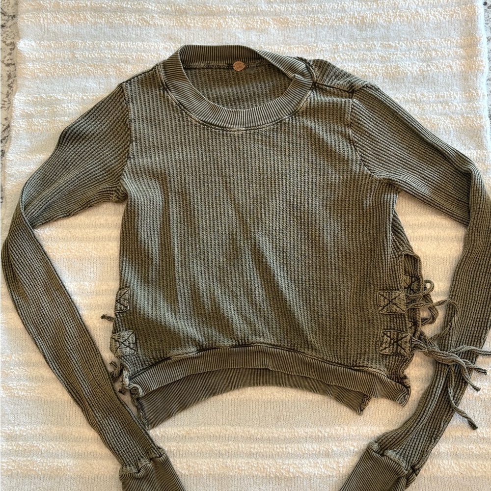Free People Olive Ribbed Knit Sweatshirt